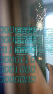 Vertical video: Woman writing glass pen entering drawing bar50 XO teal overlay hiding, showing tech