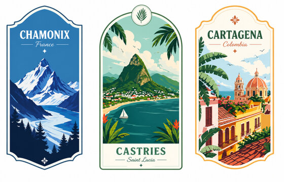 Vintage Travel Destination Labels: Chamonix, Castries, Cartagena Vector Illustration