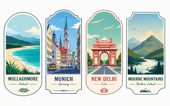 Travel Destination Labels: Mullaghmore, Munich, New Delhi, Mourne Mountains vector illustration