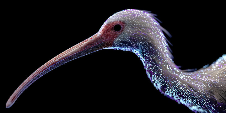Close-up of a crested ibis shaped by blue shimmering particles