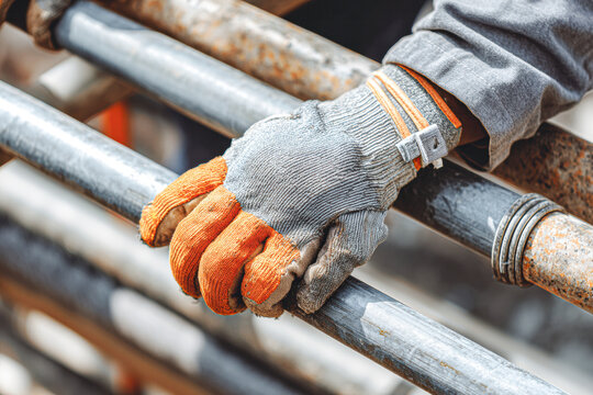 A gloved hand grips a metal pipe, highlighting manual labor and industrial safety.