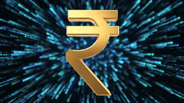 Golden Indian Rupee Symbol Exploding with Digital Data Streams - Financial Technology Concept