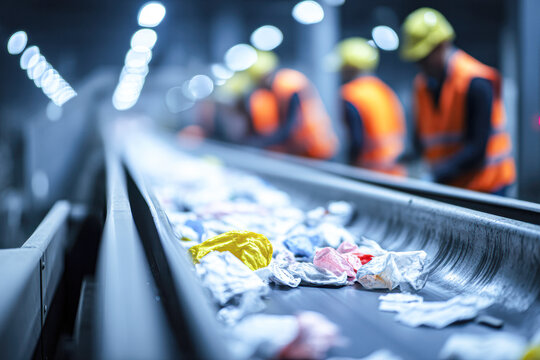 Workers in safety gear sort recyclable materials on a conveyor belt in a recycling facility.
