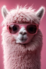 Obraz premium pink fluffy alpaca with pink sunglasses and upright ears against a soft pink background, playful and whimsical studio portrait