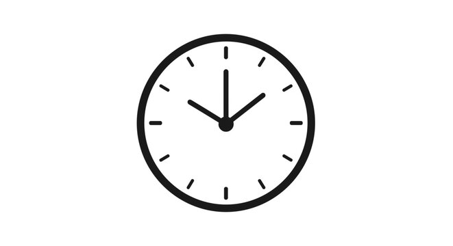 Minimalist black and white clock showing midnight on a clean white background with bold hour and minute hands emphasizing the time