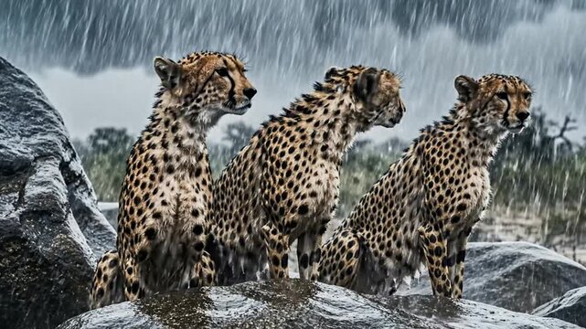 Three Majestic Cheetahs Enduring Heavy Rainstorm in African Savannah