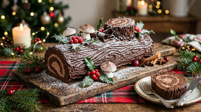 chocolate yule log cake with powdered sugar snow 
