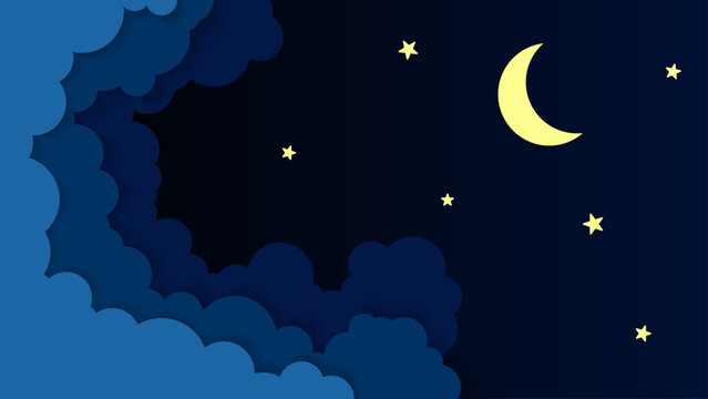 Paper cut lot of clouds at night with stars. Creative paper craft art style, vector illustration.