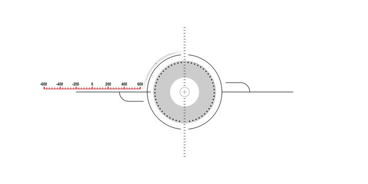 Futuristic HUD interface with circular target crosshair, measurement scale and minimal digital elements. Clean sci-fi user interface design suitable for game UI, targeting system, virtual display, das