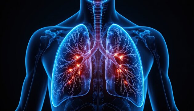 Human Lungs Anatomy Illustration with Inflammation Highlighted in Red, Medical Visualization