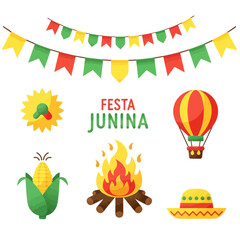 Obraz premium Festa Junina Celebration Elements: Bunting, Bonfire, Hot Air Balloon, Corn, Hat