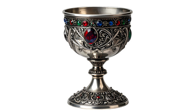 Ornate silver chalice with colorful jewels, detailed carvings, and a pedestal base