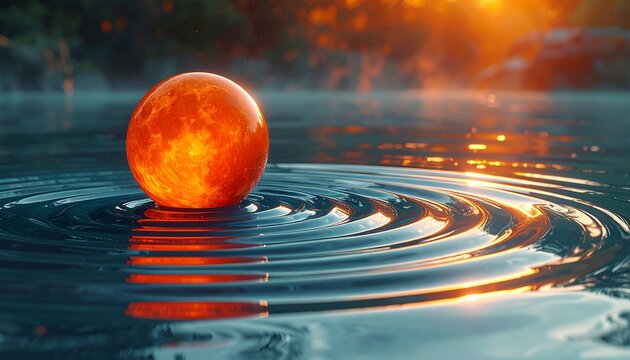 Luminous orange sphere rests on tranquil water creating concentric ripples, illuminated by golden light