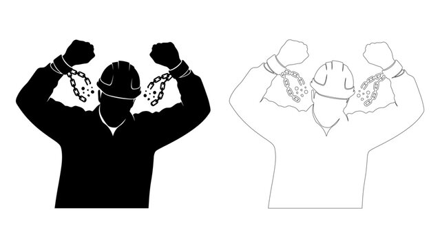 Man in hard hat with broken chains on wrists in black silhouette and line art