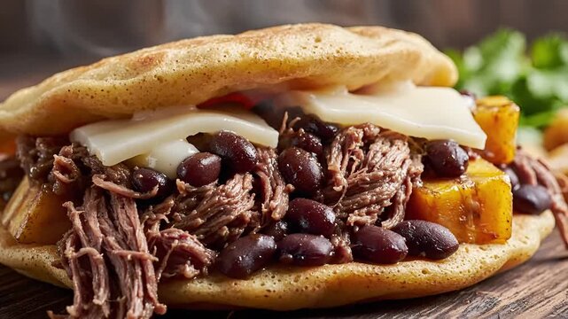 Delicious Arepa Rellena with Shredded Beef and Black Beans CloseUp.