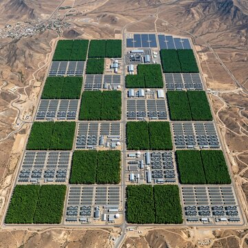 Aerial Satellite View Solar Farm Green Fields Desert Landscape