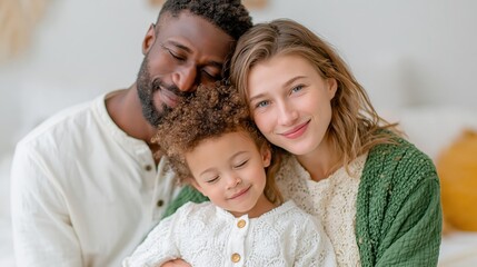 Fototapeta premium A beautiful family showcases their affectionate bond, smiling together and radiating love, creating a perfect moment captured in a bright, cozy environment of warmth.