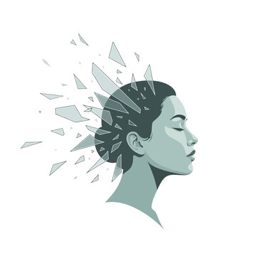 Woman's head exploding into glass shards, symbolizing mental breakdown or stress