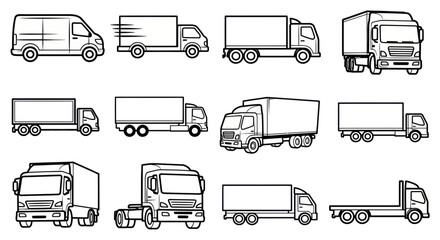 Collection of Truck Icons: Delivery Vans, Box Trucks, Semi-Trailers & Flatbeds © nia