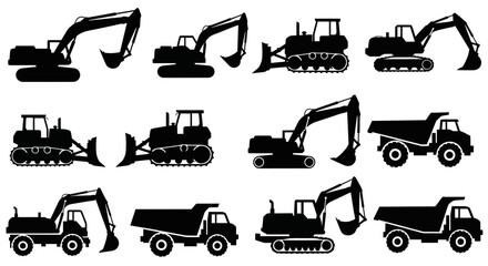 Construction Equipment Silhouettes: Excavators, Bulldozers, Dump Trucks © nia