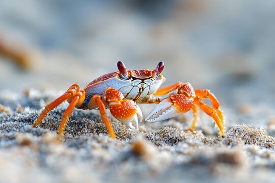 vibrant orange and white crab on sandy beach in a close-up macro portrait, appearing curious and alert