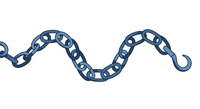 Sturdy metal chain links in varying shades of blue curve across the frame, ending with a large industrial-style hook on the right side.