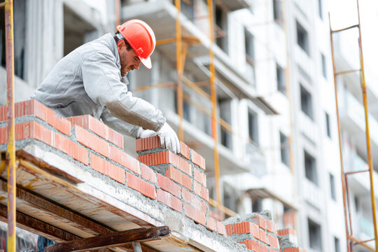 A construction worker in a hard hat is building a brick wall at a construction site with scaffolding and unfinished buildings in the background.