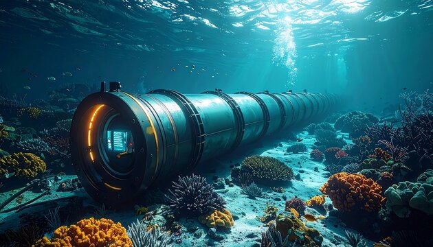 Metallic futuristic pipe sprawls across seabed, teeming with coral, illuminated by sunlit water above