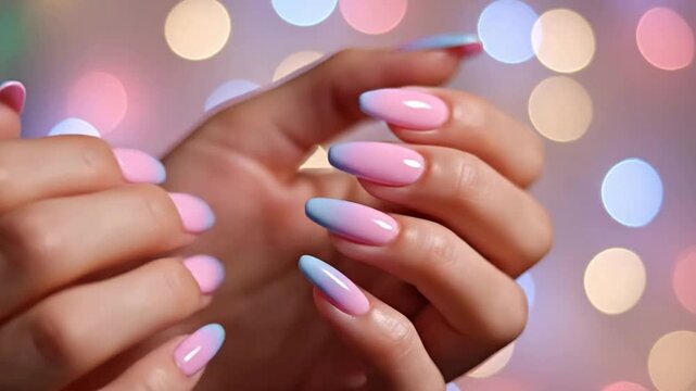 Graceful Hands Displaying Beautiful Ombre Pink and Blue Almond Nails with Bokeh Lights