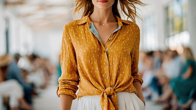 A stylish close-up of a woman in a vibrant yellow shirt tied at the waist, exuding confidence and modern fashion trends in a lively, casual atmosphere.