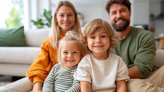 A cheerful family portrait in a cozy living room, capturing the warmth of their smiles and connection as they gather together on a soft sofa surrounded by a friendly atmosphere.
