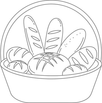 Basket of bread line art drawing with baked goods