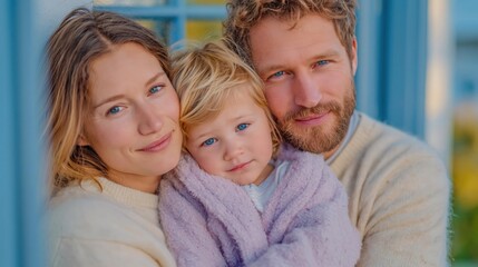 Fototapeta premium A loving family poses together outdoors, radiating warmth and connection as they wrap their child in a cozy blanket while sharing smiles and love in a serene environment.