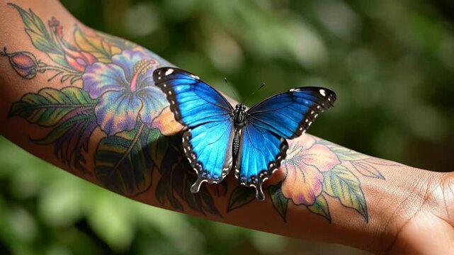 Vibrant Blue Morpho Butterfly Resting on Tattooed Arm in Lush Greenery