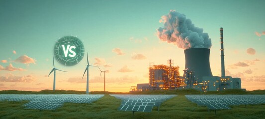 Fototapeta premium solar panels and wind turbines facing a smoking industrial power plant at sunset with a glowing versus emblem, tense contrast between clean energy and pollution