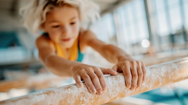 A determined young gymnast intensely practices on a parallel bar, showcasing focus and athleticism in a bright gymnasium filled with natural light and energy.