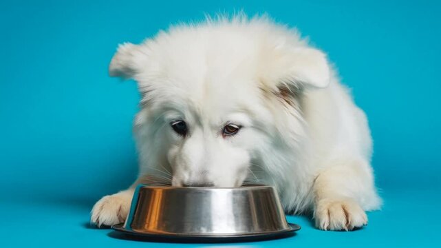 An adorable white Samoyed puppy and golden retriever pup sit inside a domestic bowl and basket, featuring a cute purebred canine portrait isolated for a pedigree pet breed display
