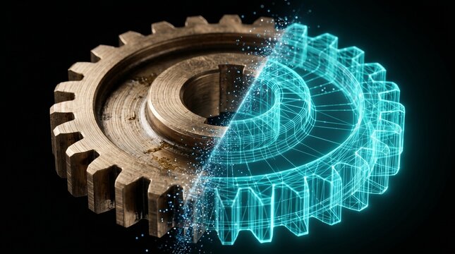 Photorealistic 3D render of rusty mechanical gear transitioning into glowing blue digital wireframe hologram representing digital twin and industry 4.0 concept