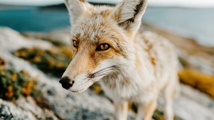 Fototapeta premium A close-up view of a wild fox in its natural habitat, showcasing its beautiful fur and inquisitive demeanor, highlighting the charm of nature's wildlife.