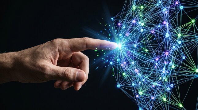Photorealistic image of human hand touching glowing blue and green digital network sphere on dark background representing artificial intelligence and human computer interaction concept