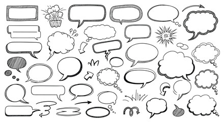 Fototapeta premium Large set of various hand sketched speech bubbles and thought bubbles with decorative arrows for creative storytelling.