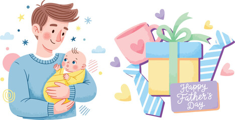 Obraz premium Happy Father's Day Illustration with Young Father Holding a Newborn Baby, Gift Box, and Coffee Cup on White Background