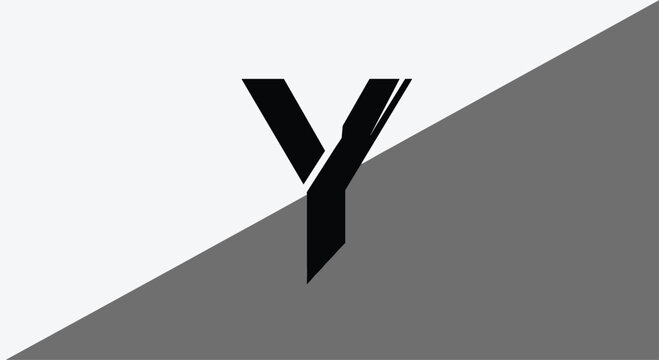 Bold black letter y positioned centrally on a diagonal split background of white and grey for a modern typographic composition.
