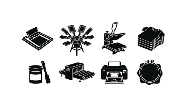 Screen printing equipment icons vector transparent set for apparel production and t shirt design.