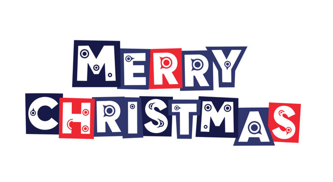 Festive message reading merry christmas in a ransom note style collage of mismatched letters on various colored backgrounds.
