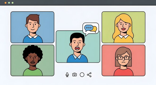 Virtual meeting of a diverse team collaborating online via video conference, illustrating remote work, global communication, and digital teamwork.