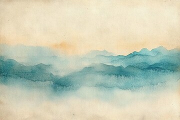 Obraz premium soft watercolor layered mountains and mist beneath a warm beige sky on textured paper, serene and tranquil atmosphere