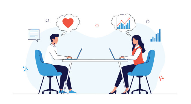 Man and woman sitting at a table with laptops while thinking about love and business growth icons in speech bubbles.
