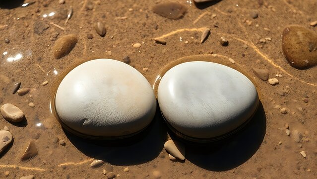 Two smooth river stones rest apart on a sandy stream bed, emphasizing natural textures for travel branding and destination materials.