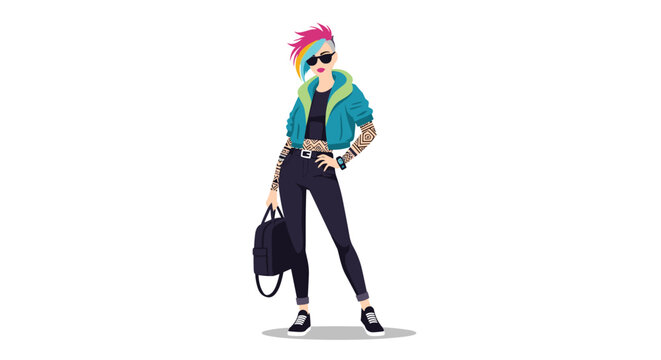 Trendy young woman with colorful punk hair and tattoos poses confidently wearing sunglasses and a stylish jacket.
